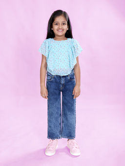 KiddoPanti - Girls Blue Georgette Floral Printed Top with Jeans