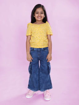 KiddoPanti - Girls Yellow Floral Print Top with Jeans