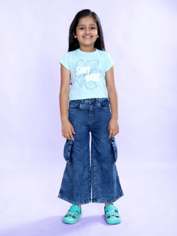 KiddoPanti - Girls Blue Printed Cotton Knit Half Sleeves T-Shirt with Jeans