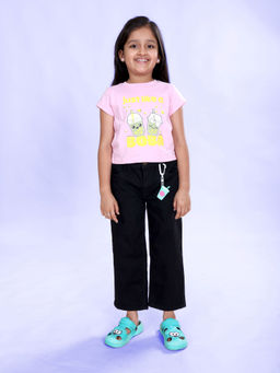 KiddoPanti - Girls Pink Printed Cotton Knit Half Sleeves T-Shirt with Jeans