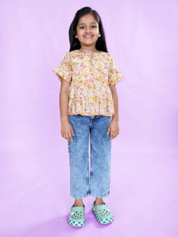 KiddoPanti - Girls Yellow Floral Print Top with Jeans