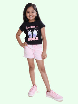 KiddoPanti - Girls Black Printed Cotton Knit Half Sleeves T-Shirt with Shorts