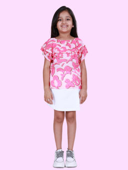 KiddoPanti - Girls Pink Printed Georgette Half Sleeves Top with Skort