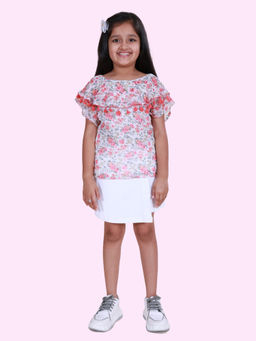 KiddoPanti - Girls Multi-Color Floral Printed Georgette Half Sleeves Top with Skort