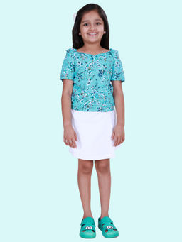 KiddoPanti - Girls Blue Floral Print Georgette Woven Ruched Sleeves Top with Skort