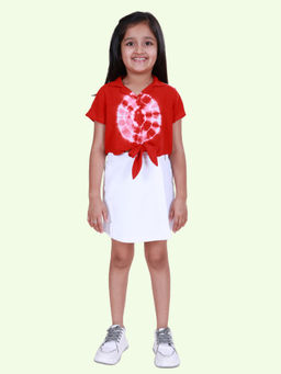 KiddoPanti - Girls Red Rayon Tie-Dye Printed Front Knot Shirt with Skort