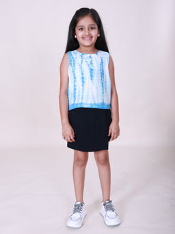 KiddoPanti - Girls Blue Tie-Dye Printed Top with Skort