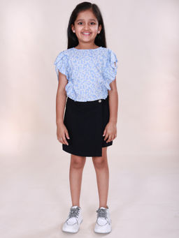 KiddoPanti - Girls Blue Floral Print Rayon Flared Sleeves Top with Skort