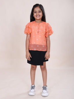 KiddoPanti - Girls Orange Embellished & Sequined Rayon Top with Skort