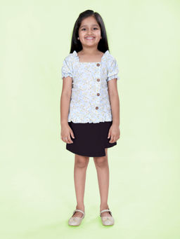 KiddoPanti - Girls Blue Rayon Floral Print Top with Skort