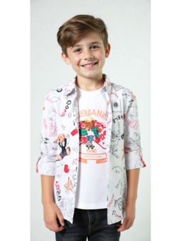 CAVIO - Boys White Regular Fit Printed Full Sleeves Casual Shirt with T-Shirt
