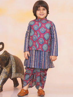 KID1 - Floral Jacket With Motif Printed Kurta and Dhoti Set (Set of 3)