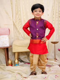 KID1 - Boys Red Woven Kurta with Jacket & Dhoti (Set of 3)