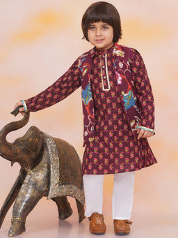 KID1 - Boys Wine Floral Print Nawab Kurta with Jacket & Pyjama (Set of 3)
