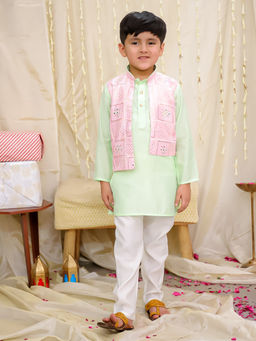 KID1 - Boys Green Kaancha Kurta with Pyjama & Jacket (Set of 3)