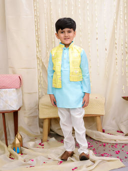 KID1 - Boys Blue Kaancha Kurta with Pyjama & Jacket (Set of 3)