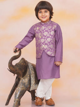 KID1 - Boys Purple Woven Pattern Kurta with Jacket & Pant (Set of 3)