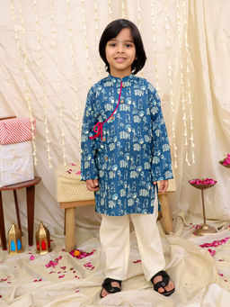 KID1 - Boys Blue Printed Jungle Jam Kurta with Pyjama