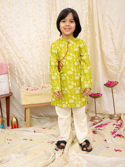 KID1 - Boys Green Printed Jungle Jam Kurta with Pyjama
