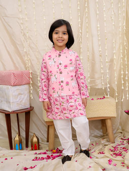 KID1 - Boys Pink Floral Printed Nandi Motif Kurta with Jacket & Pyjama (Set of 3)