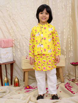 KID1 - Boys Yellow Floral Printed Nandi Motif Kurta with Jacket & Pyjama (Set of 3)