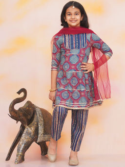 KID1 - Girls Blue Printed Naaz Anarkali Kurta with Pant & Dupatta (Set of 3)