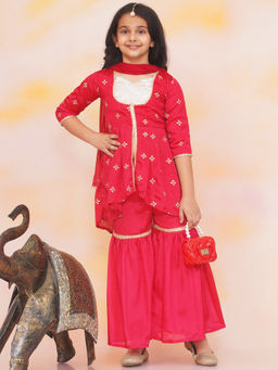 KID1 - Girls Red Chinon Embroidery Kurti with Sharara & Dupatta (Set of 3)