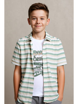 CAVIO - Boys Green Striped Half Sleeve Shirt with T-Shirt