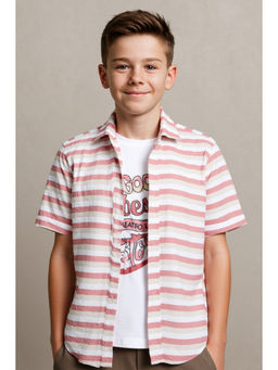 CAVIO - Boys Peach Striped Half Sleeve Shirt with T-Shirt