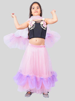 Pink Cow - Girls Black Embellished Bambiwear Choli with Lehenga & Dupatta (Set of 3)
