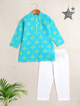 The Magic Wand - Boys Blue Cotton Printed Full Sleeves Kurta with Pant (Set of 3)