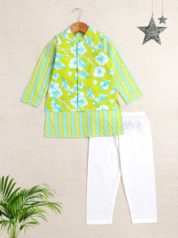The Magic Wand - Boys Green Floral Printed Full Sleeves Kurta with Pant (Set of 3)