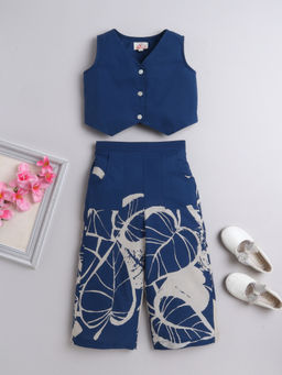 The Magic Wand - Girls Blue Printed Cotton Sleeveless Printed Top with Palazzo