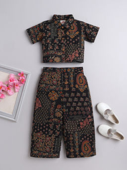 The Magic Wand - Girls Black Cotton Printed All Over Printed Top with Palazzo