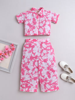 The Magic Wand - Girls Pink Floral Print Cotton Shirt with Palazzo