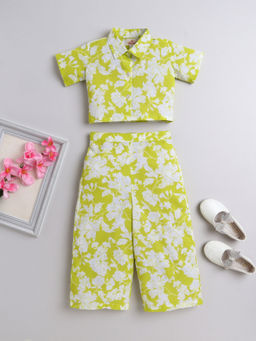 The Magic Wand - Girls Green Floral Print Cotton Shirt with Palazzo