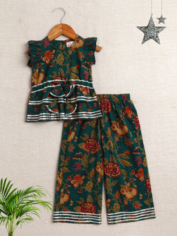 The Magic Wand - Girls Green Floral Print Cotton Top with Palazzo