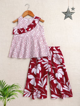 The Magic Wand - Girls Red Printed Sleeveless Top with Palazzo