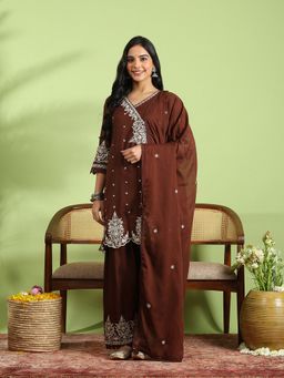 MEENA BAZAAR - Embroidered Cotton Brown Kurta with Pant and Dupatta