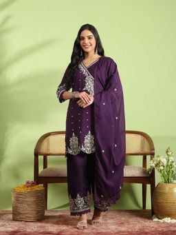 MEENA BAZAAR - Embroidered Cotton Purple Kurta with Pant and Dupatta