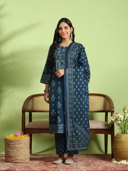 MEENA BAZAAR - Printed Cotton Blue Kurta with Pant and Dupatta