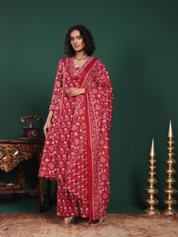 MEENA BAZAAR - Printed Cotton Maroon Kurta with Palazzo and Dupatta