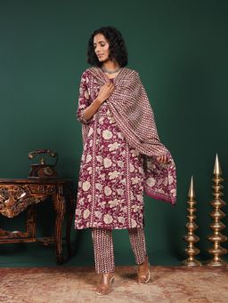 MEENA BAZAAR - Printed Cotton Wine Kurta with Pant and Dupatta