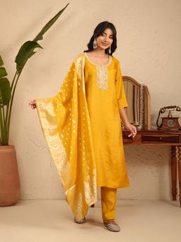 MEENA BAZAAR - Embroidered Cotton Mustard Kurta with Pant and Dupatta