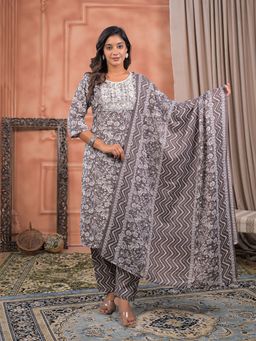 MEENA BAZAAR - Printed Cotton Brown Kurta with Pant and Dupatta