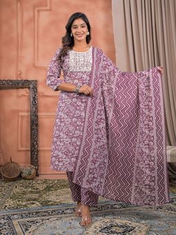 MEENA BAZAAR - Printed Cotton Purple Kurta with Pant and Dupatta