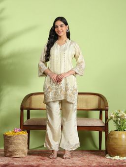 MEENA BAZAAR - Embroidered Chinon Cream Kurta and Pant