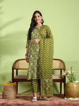 MEENA BAZAAR - Printed Cotton Green Kurta with Pant and Dupatta