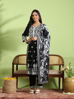 MEENA BAZAAR - Embroidered Cotton Black Kurta with Pant and Dupatta
