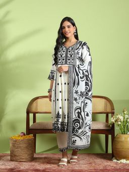 MEENA BAZAAR - Embroidered Cotton White Kurta with Pant and Dupatta